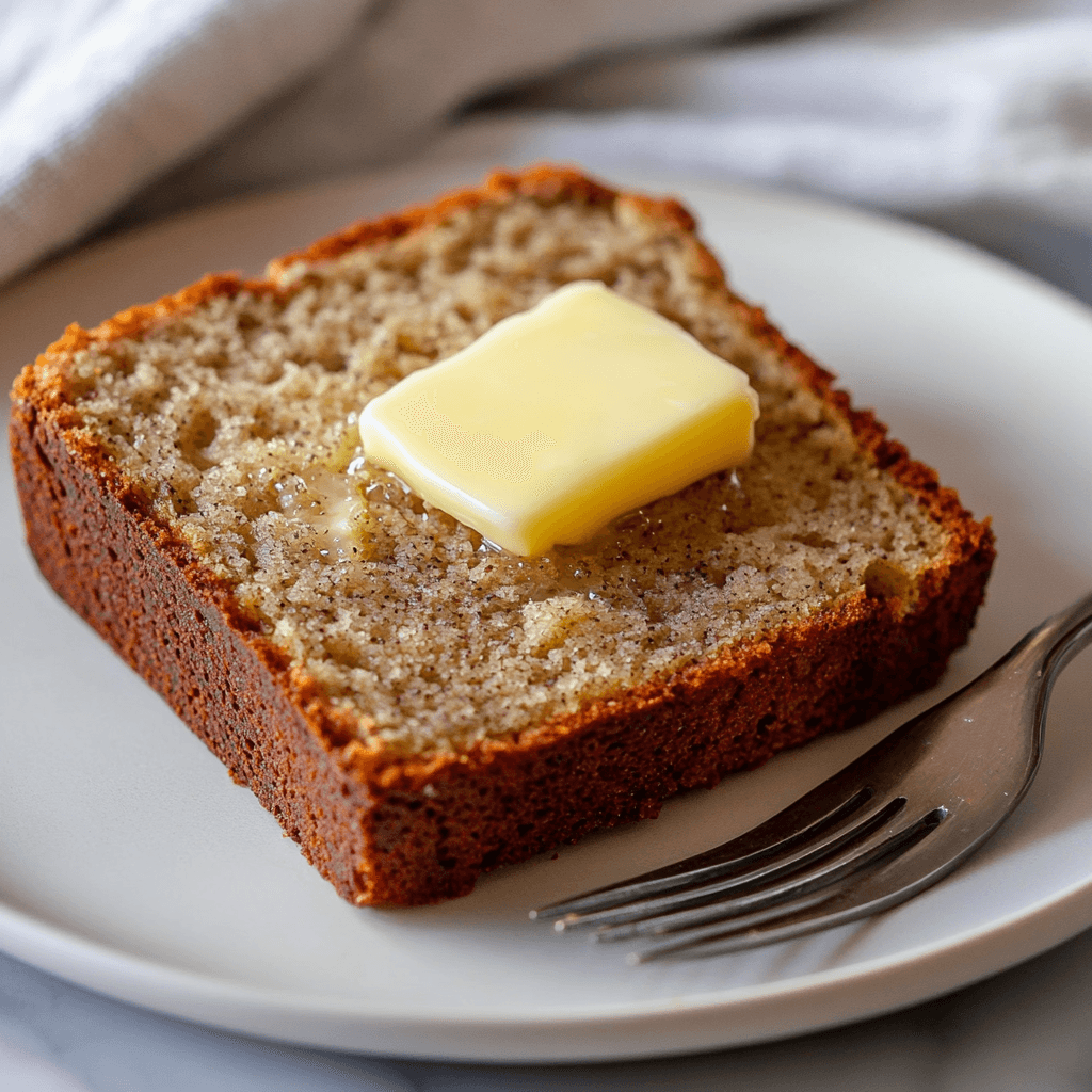 A freshly baked loaf of 3-Ingredient Banana Bread sliced on a wooden board.