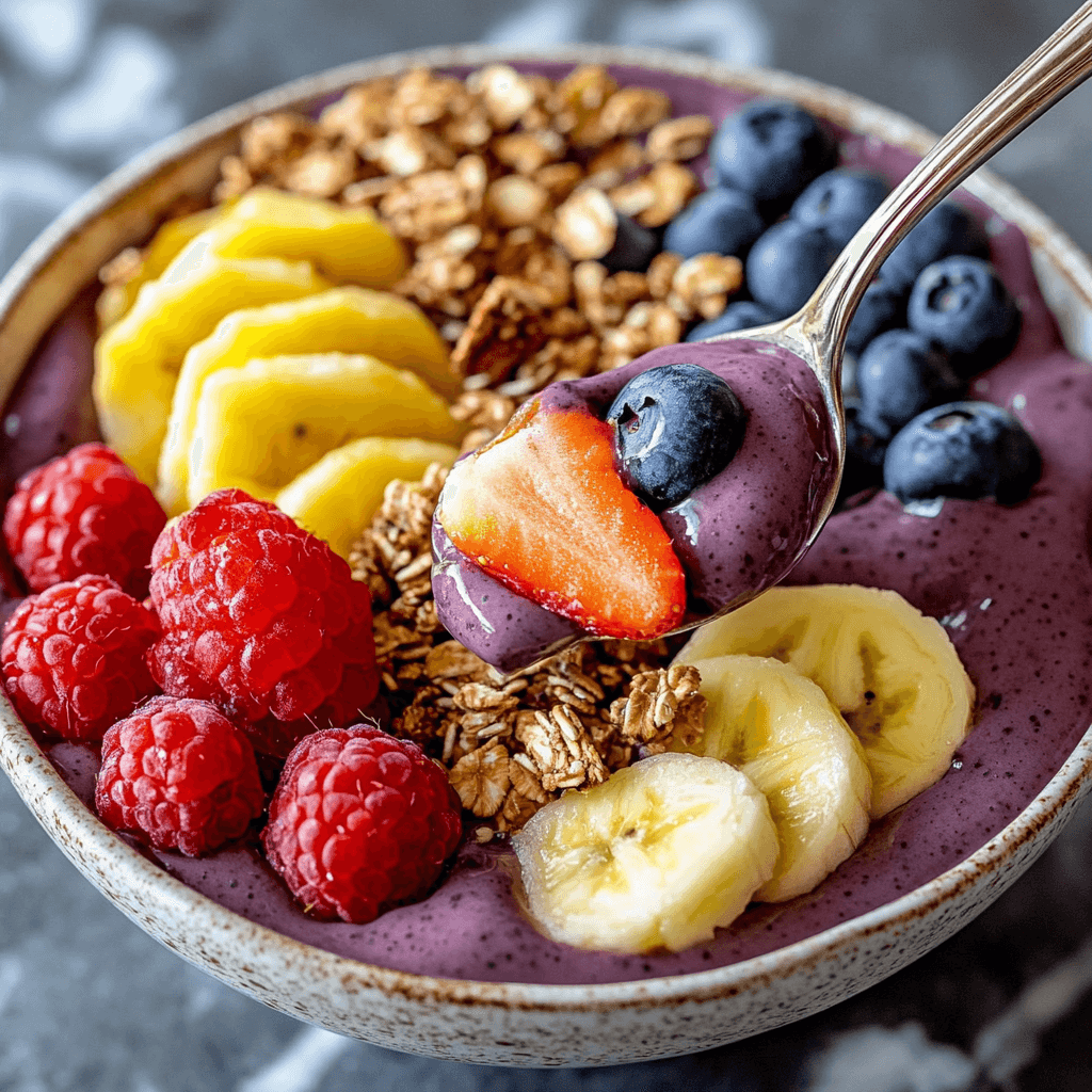 A colorful Acai Bowl topped with fresh fruit and granola.