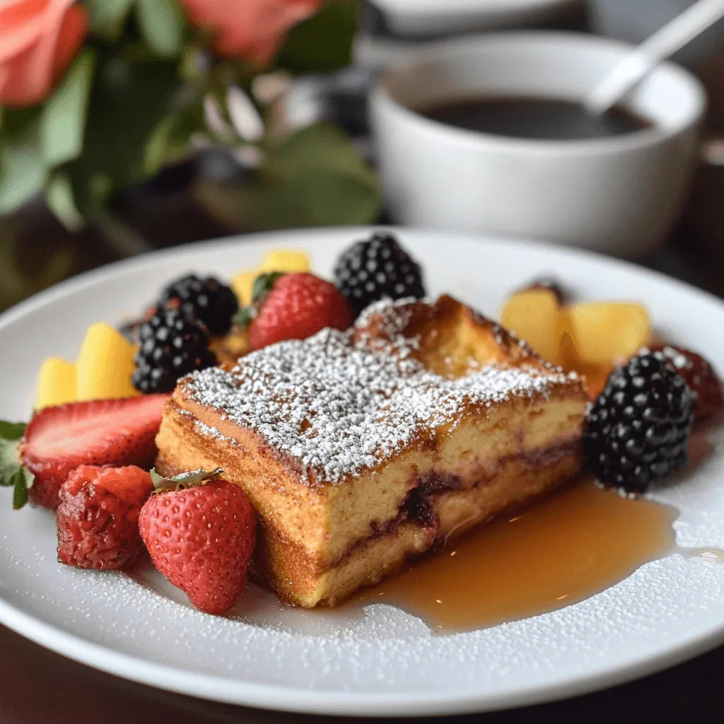 A fluffy Baked French Toast Casserole with maple syrup and berries