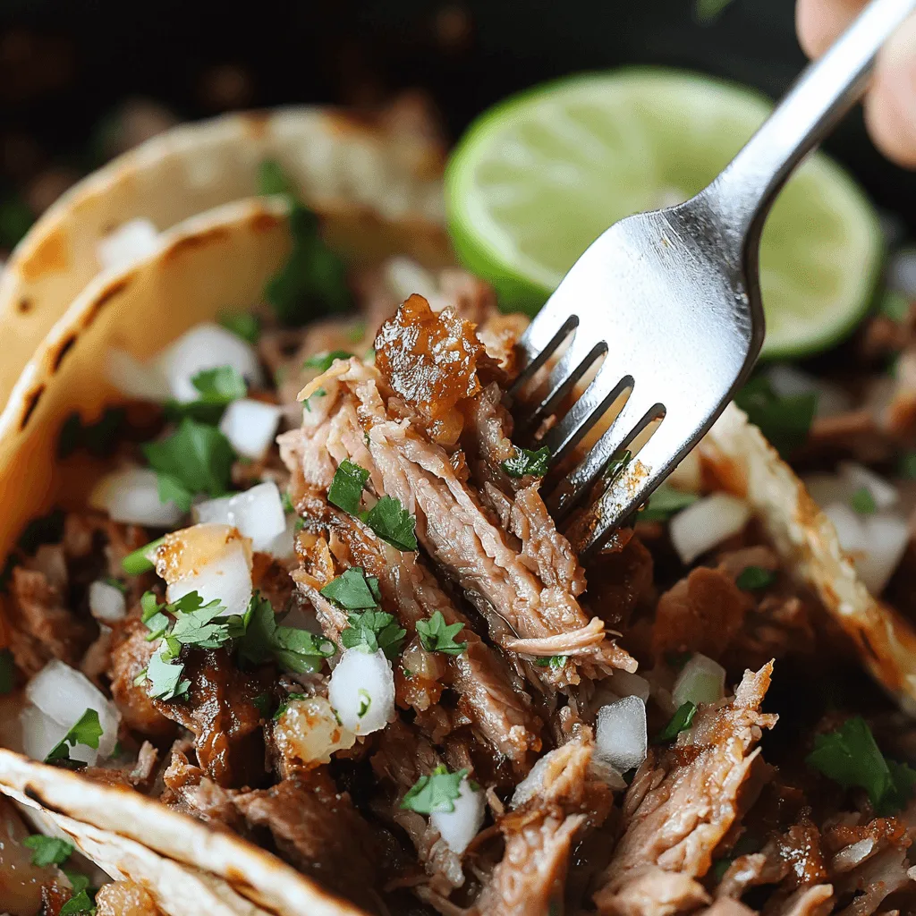 A serving of Beef Carnitas tacos with cilantro and lime.