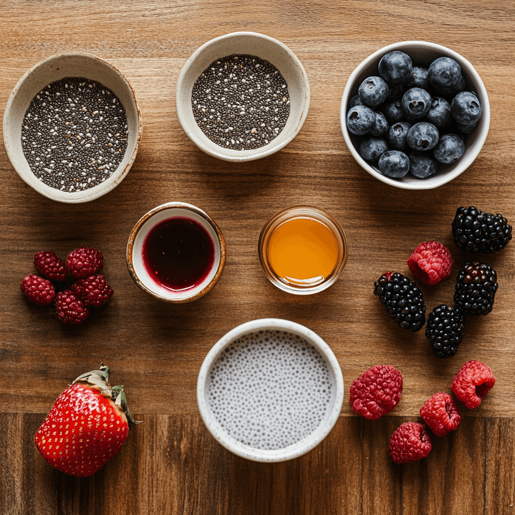 A creamy Berry Chia Seed Pudding with fresh berries and honey.