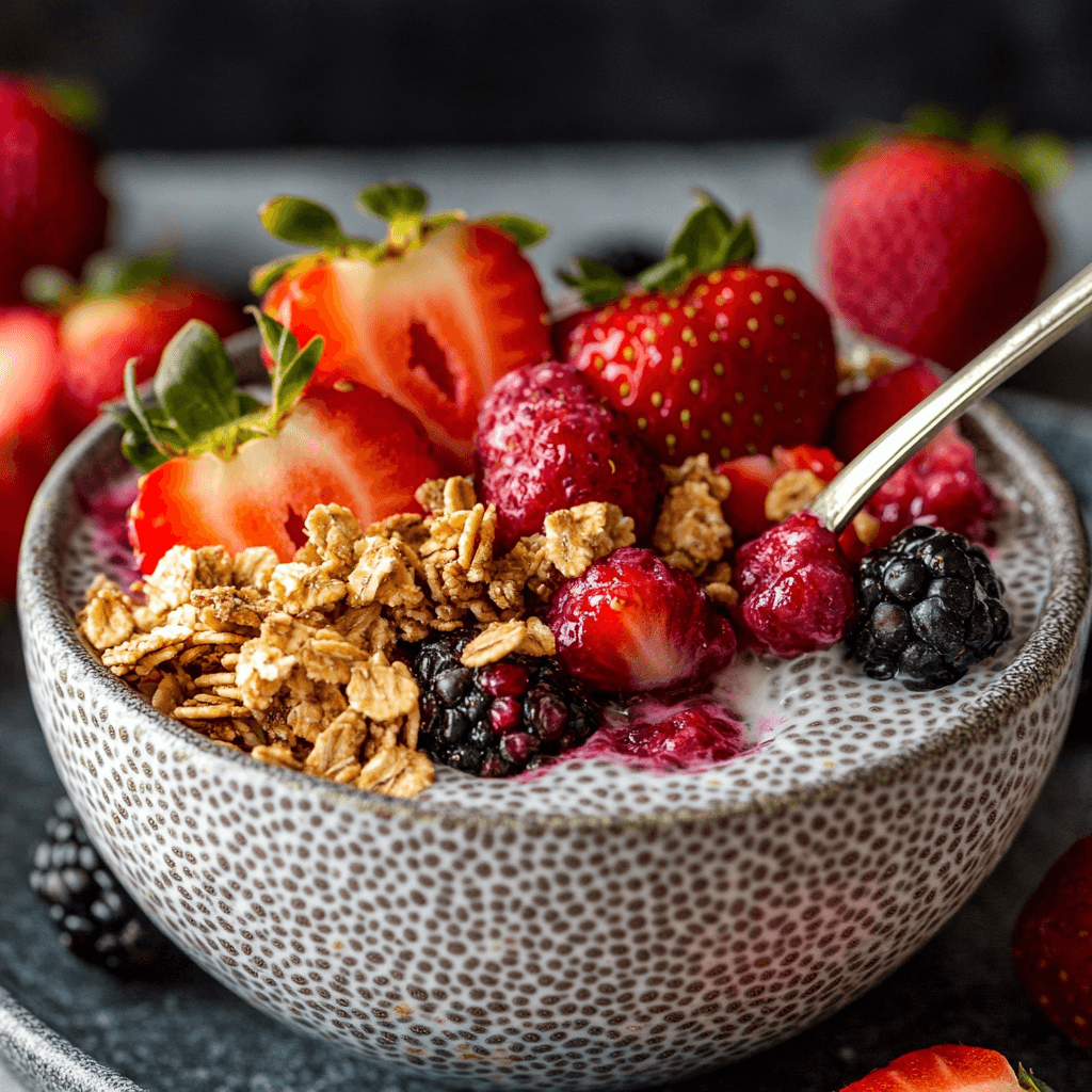A creamy Berry Chia Seed Pudding with fresh berries and honey.