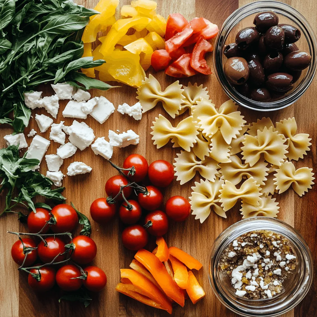 A fresh bowl of Bow Tie Pasta Salad with feta cheese and olives.