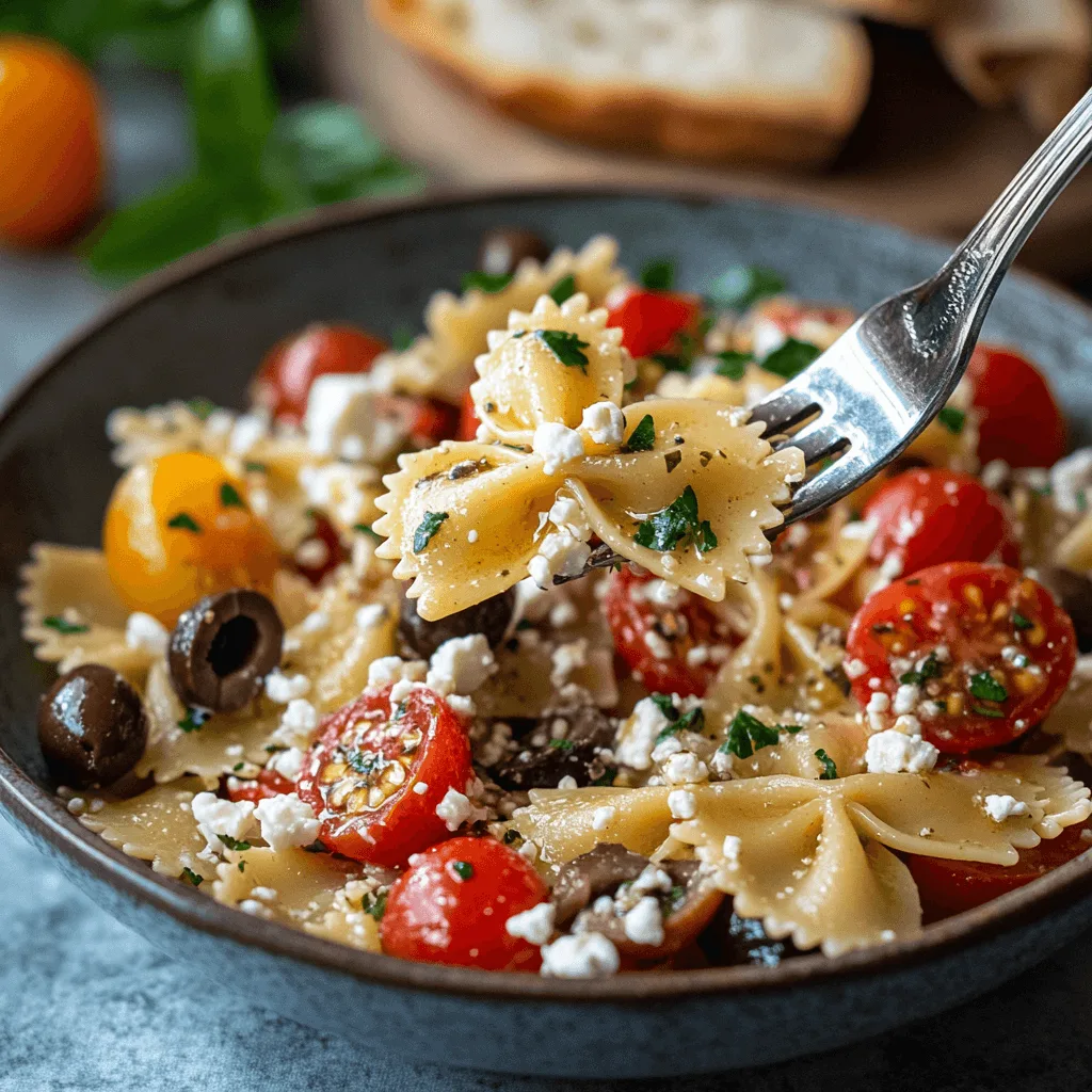 A fresh bowl of Bow Tie Pasta Salad with feta cheese and olives.