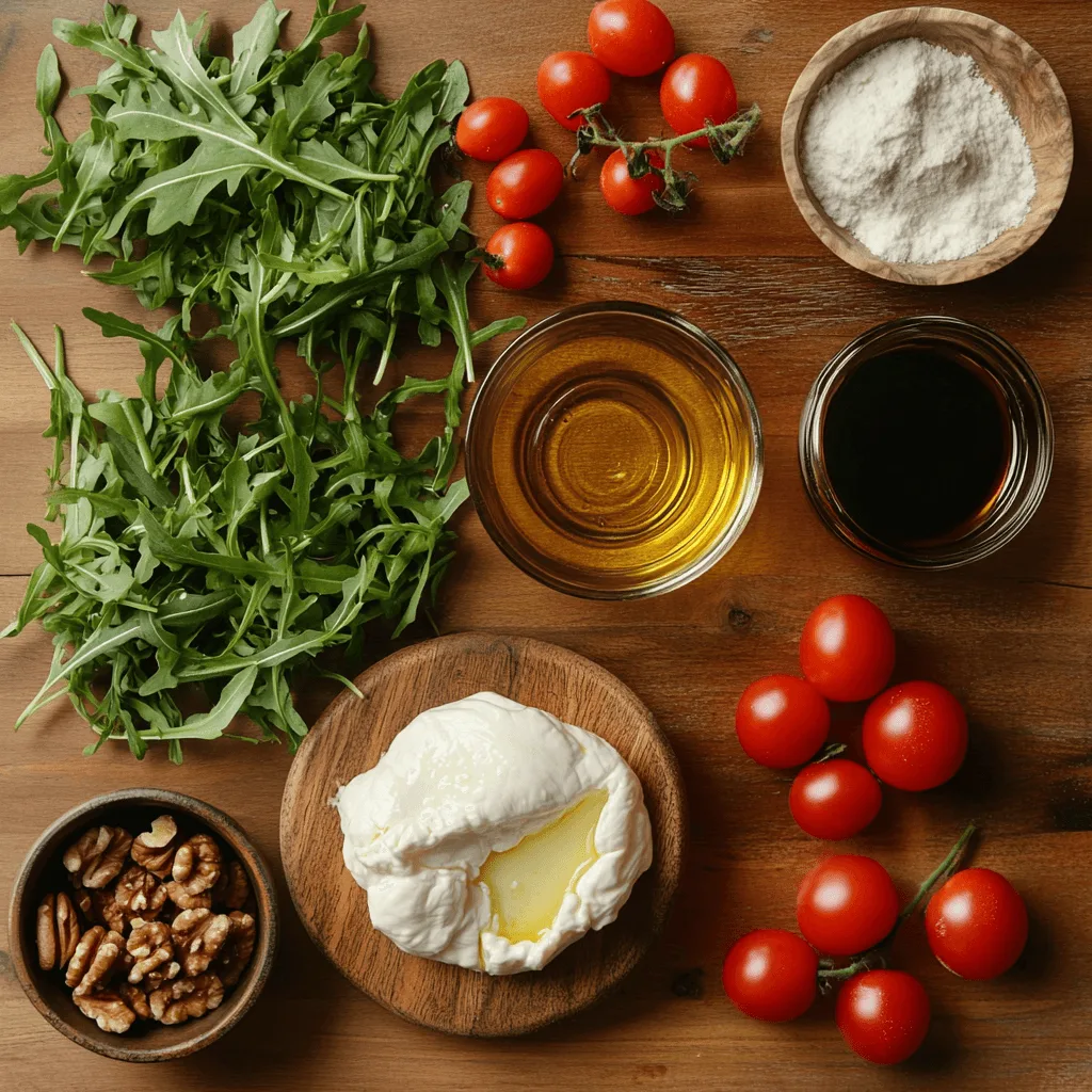 A fresh Burrata Arugula Salad with balsamic glaze and walnuts.