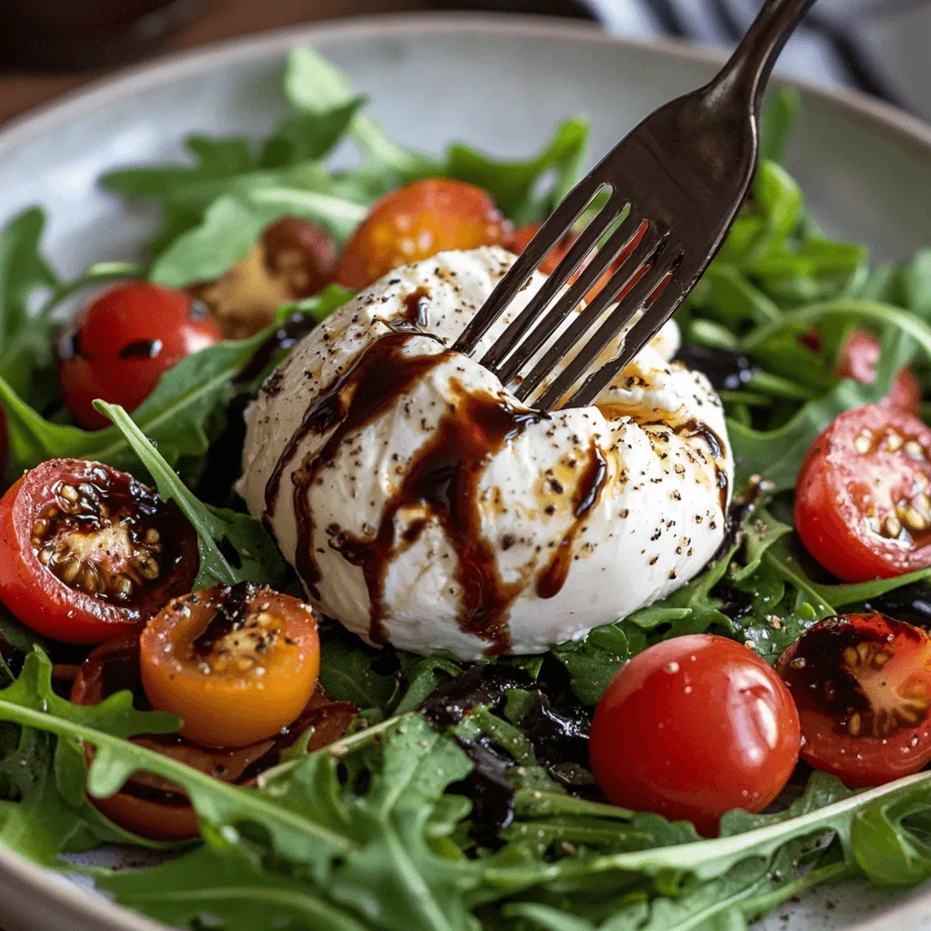 A fresh Burrata Arugula Salad with balsamic glaze and walnuts.