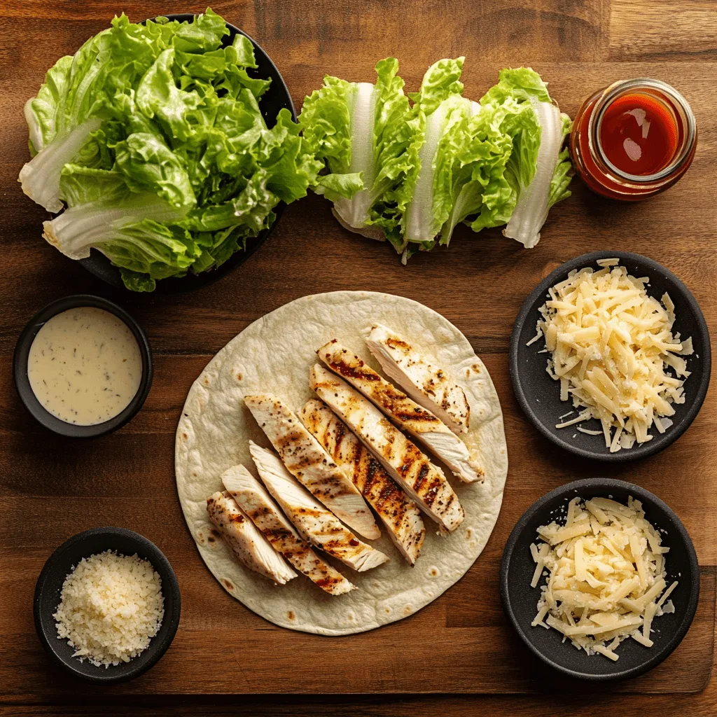 A Chicken Caesar Wrap cut in half with crispy lettuce and creamy dressing.