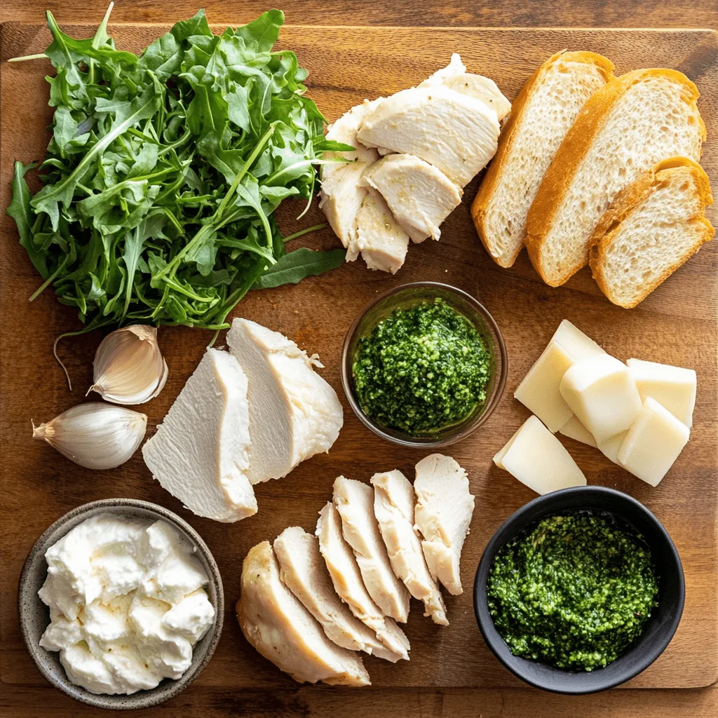 A Chicken, Pesto, and Rocket Sandwich with melted cheese.