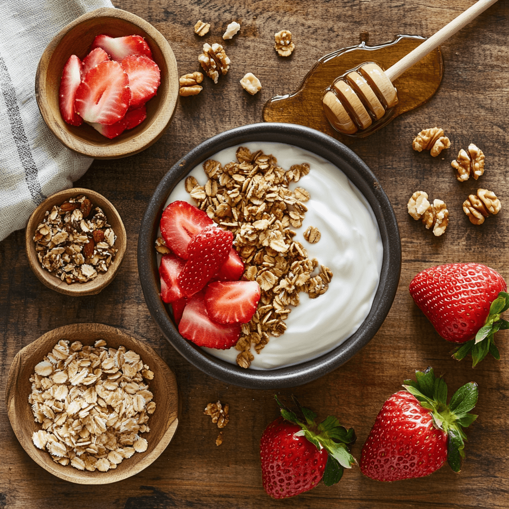A bowl of Chobani Greek Yogurt topped with fresh fruit and honey.