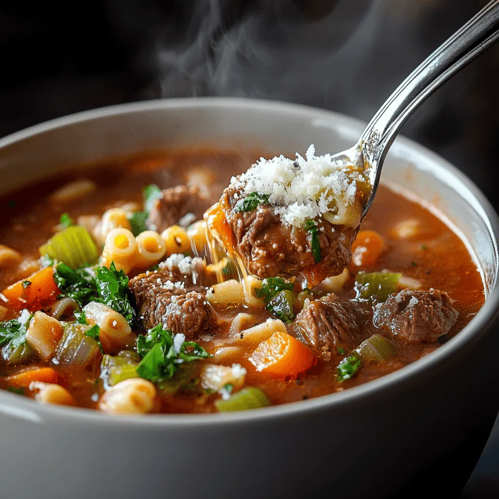 A hearty bowl of Beef Minestrone Soup with fresh vegetables and pasta