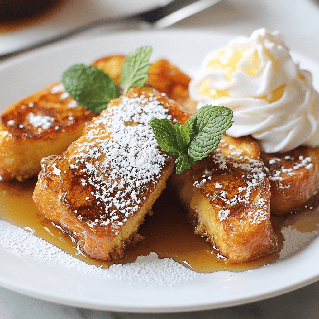 Flaky Croissant French Toast topped with strawberries and syrup