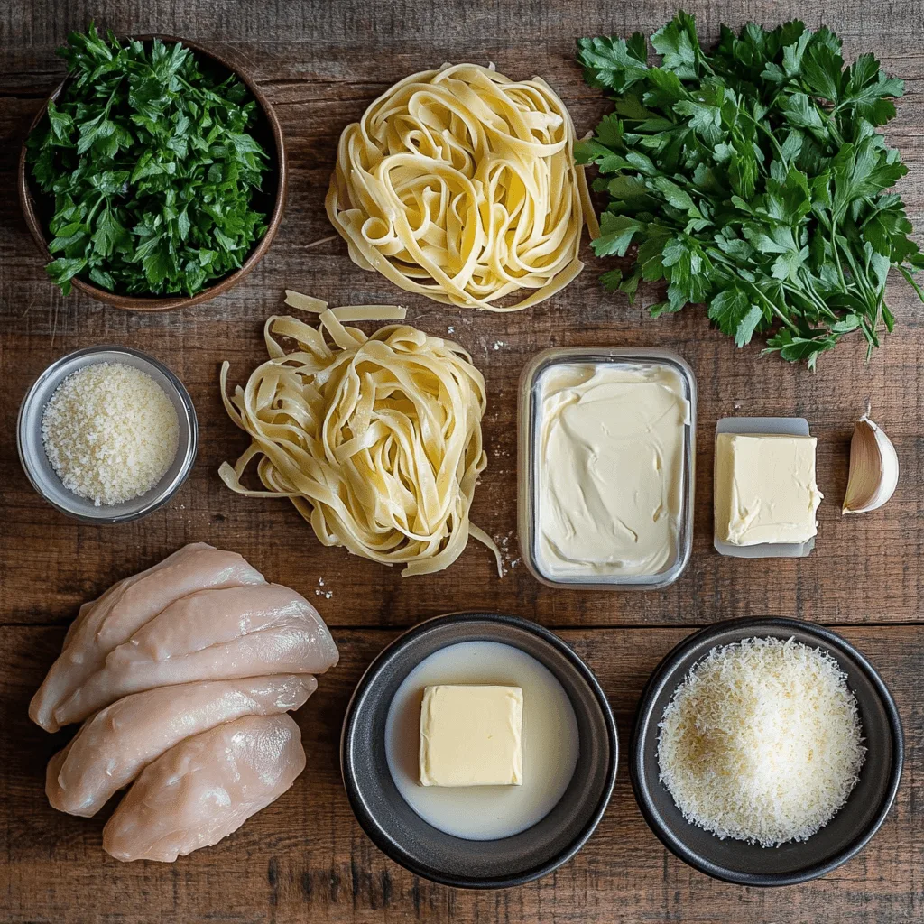 A creamy plate of Garlic Parmesan Chicken Pasta with parsley garnish.