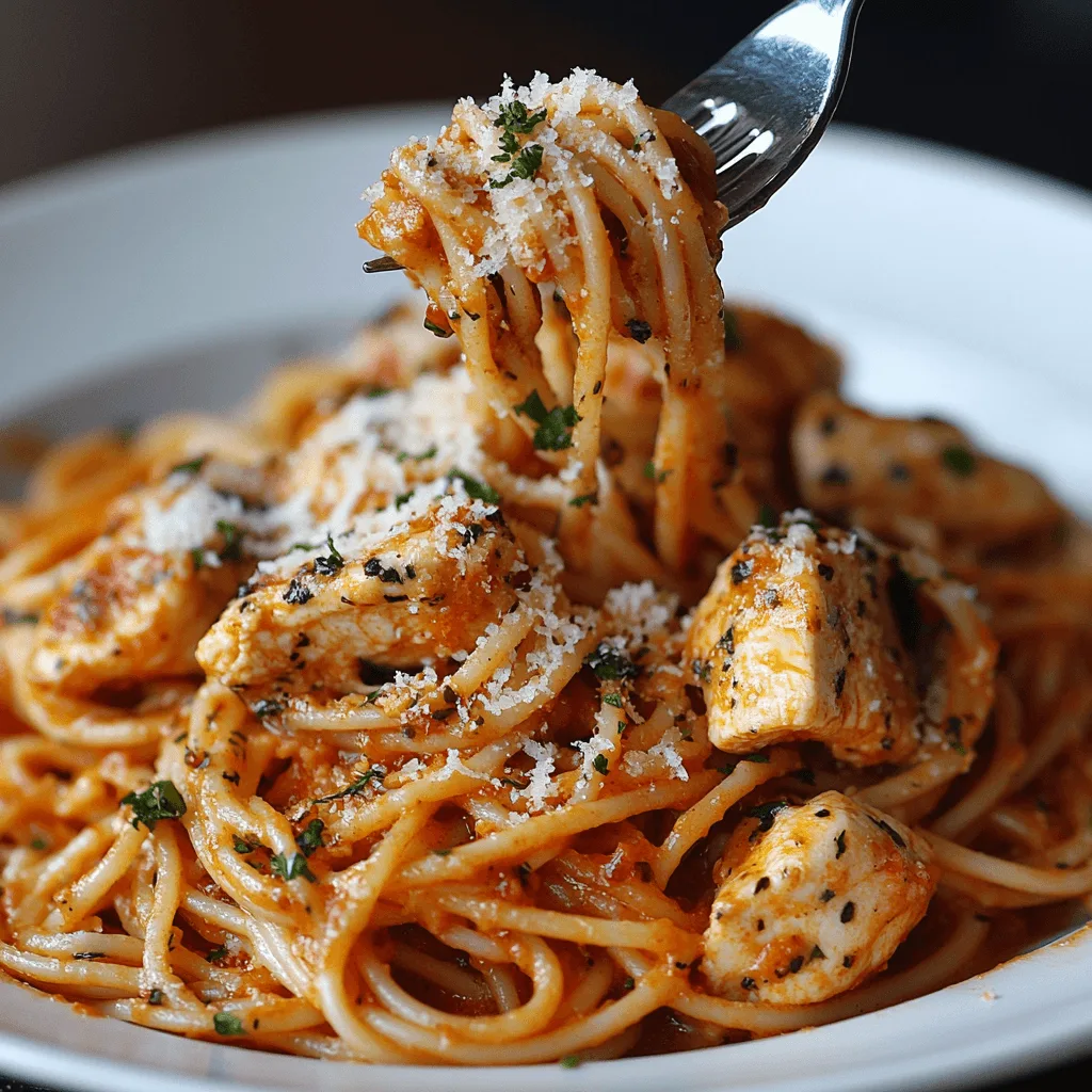A creamy plate of Garlic Parmesan Chicken Pasta with parsley garnish.