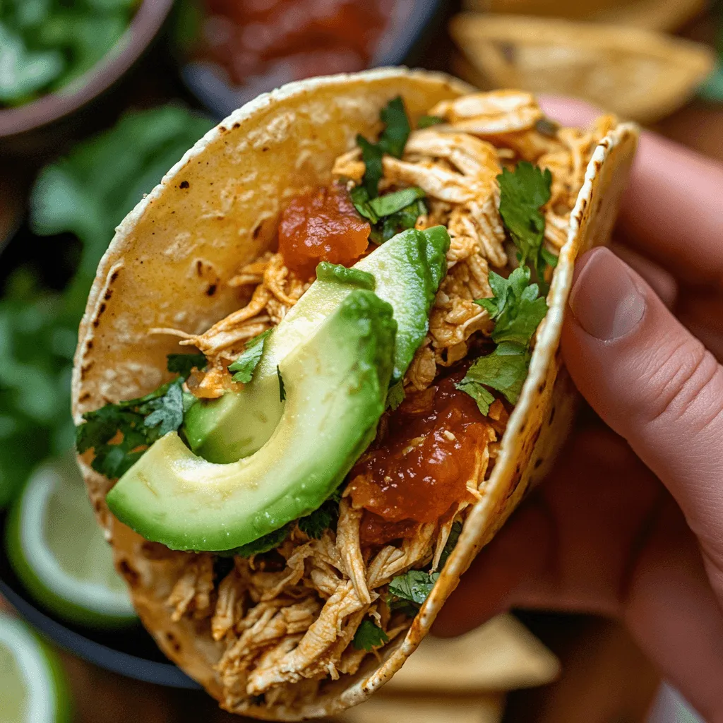 A plate of Instant Pot Chicken Tacos with avocado and fresh cilantro.