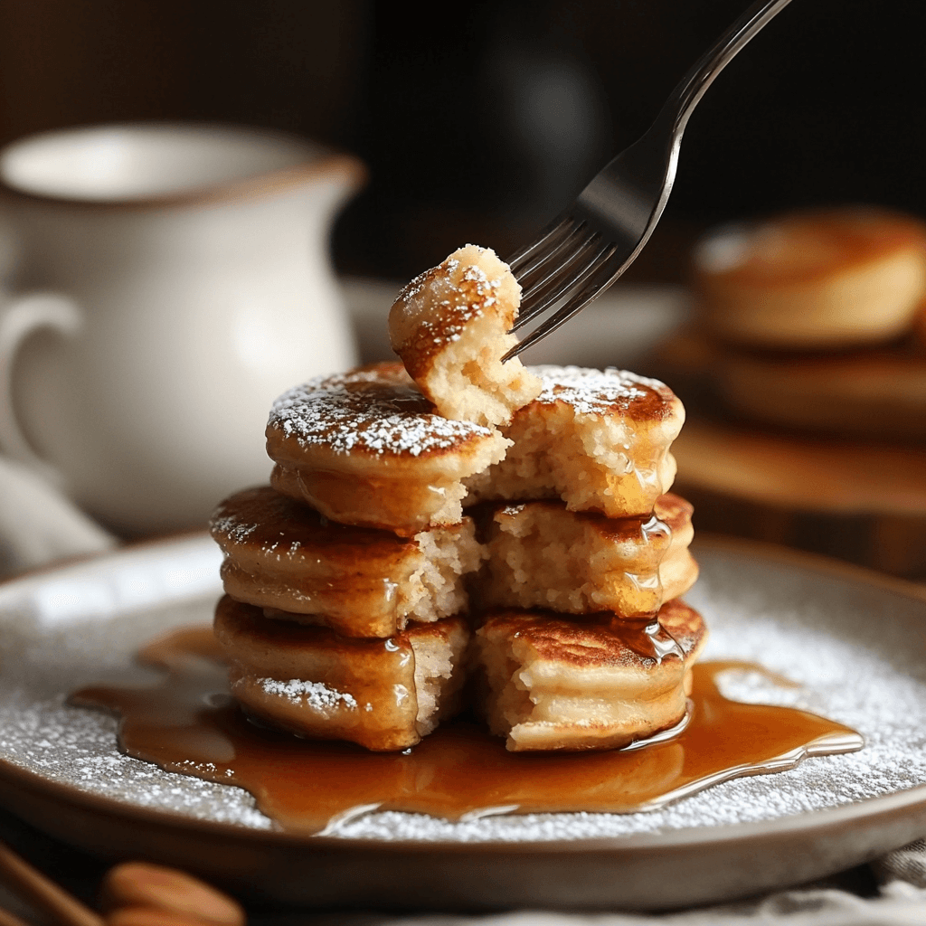 A stack of fluffy Mini Pancakes with syrup and berries