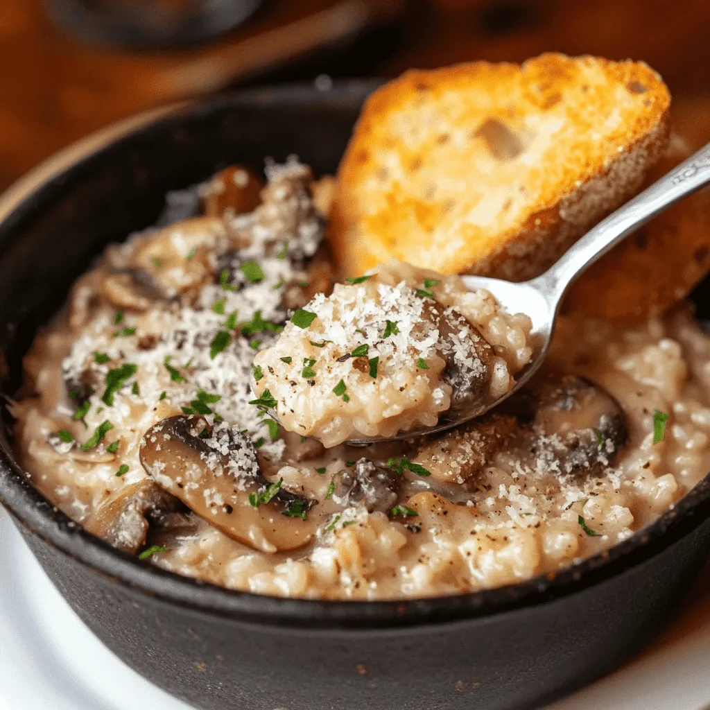 A bowl of creamy Mushroom Risotto garnished with fresh herbs.