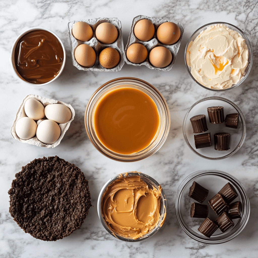 A rich Reese’s Caramel Cheesecake topped with peanut butter cups