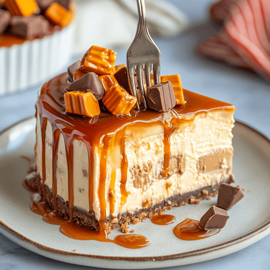 A rich Reese’s Caramel Cheesecake topped with peanut butter cups