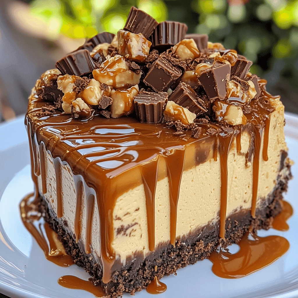 A rich Reese’s Caramel Cheesecake topped with peanut butter cups