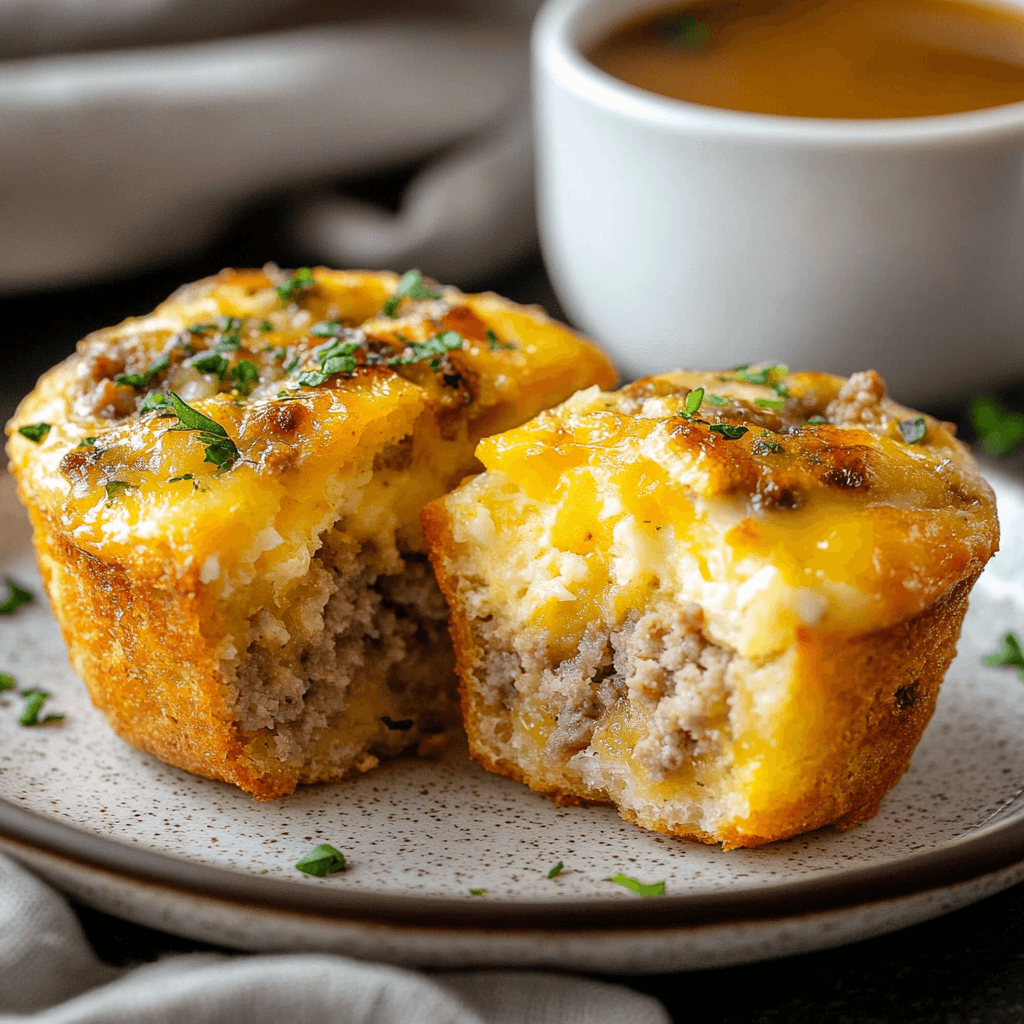 A batch of fluffy Sausage Breakfast Muffins with melted cheese.