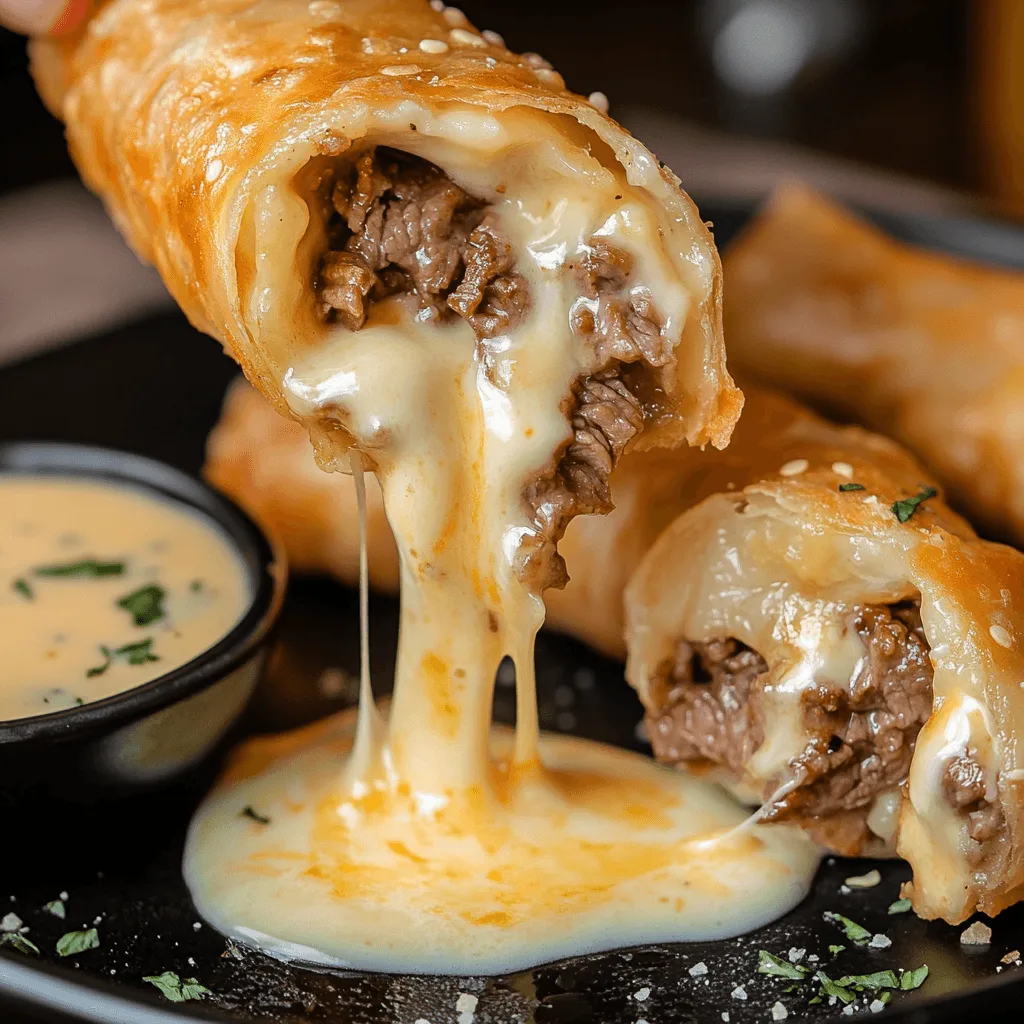 Crispy Steak and Cheese Egg Rolls with melted cheese.