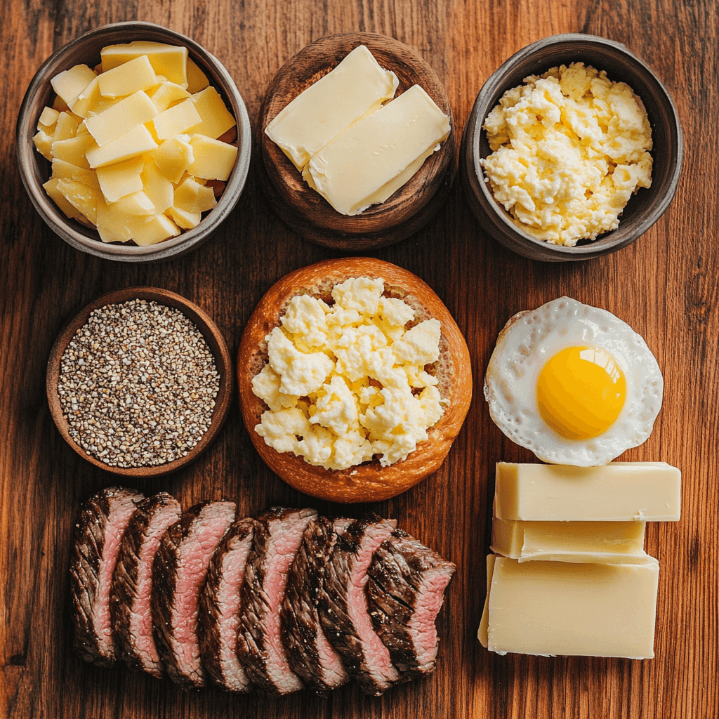 A toasted bagel filled with steak, egg, and melted cheese.