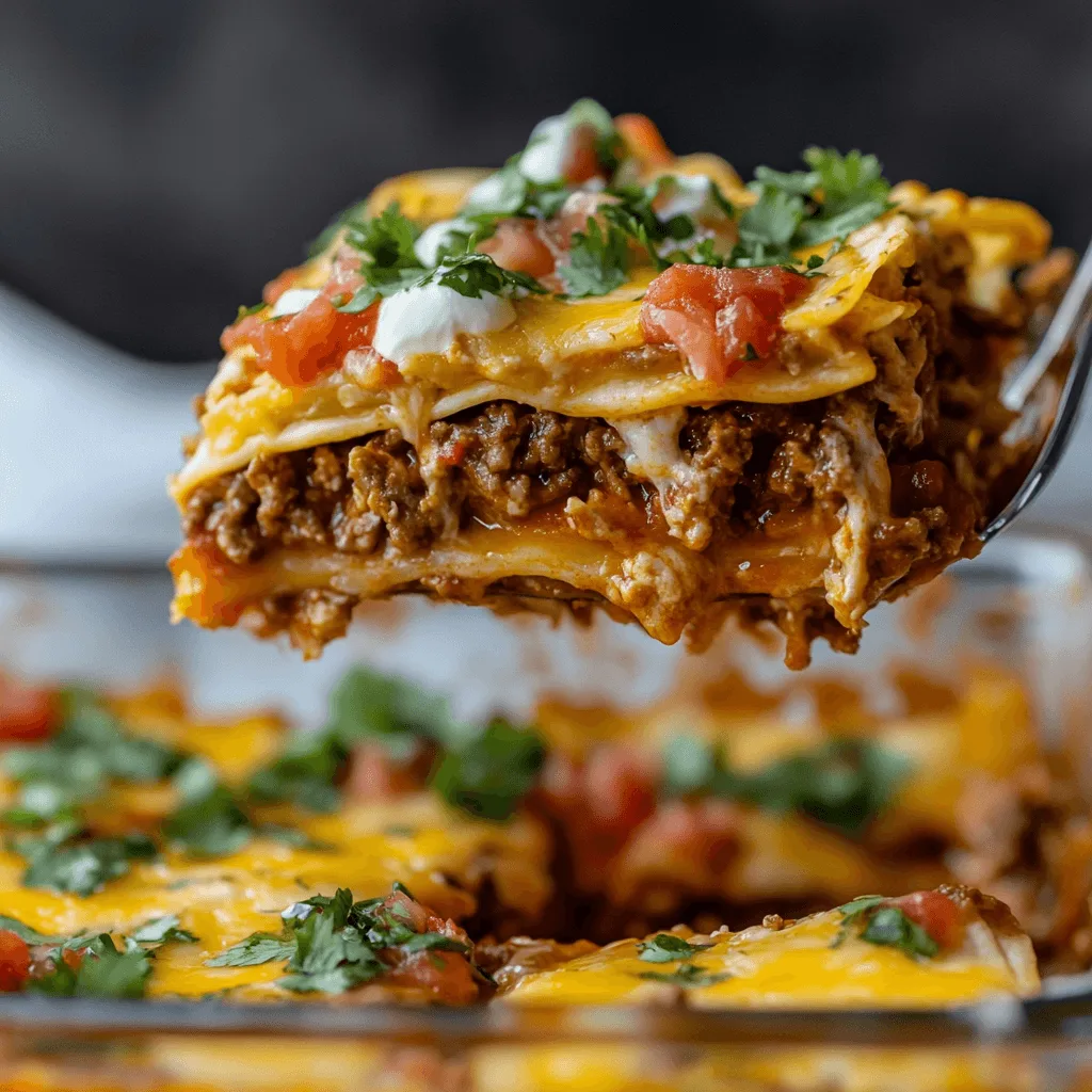 A serving of Taco Lasagna with melted cheese and fresh cilantro.
