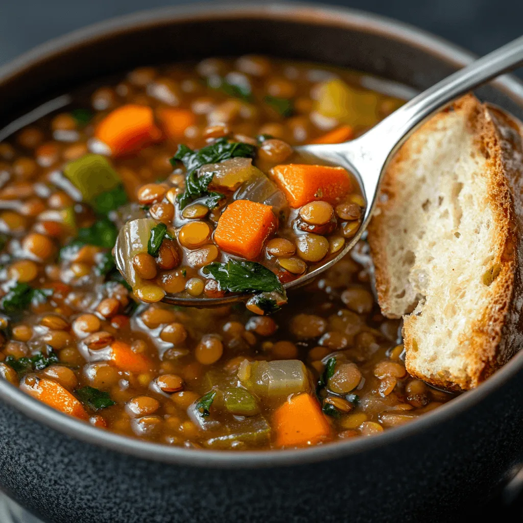 A bowl of hearty Vegetarian Lentil Soup served with crusty bread.