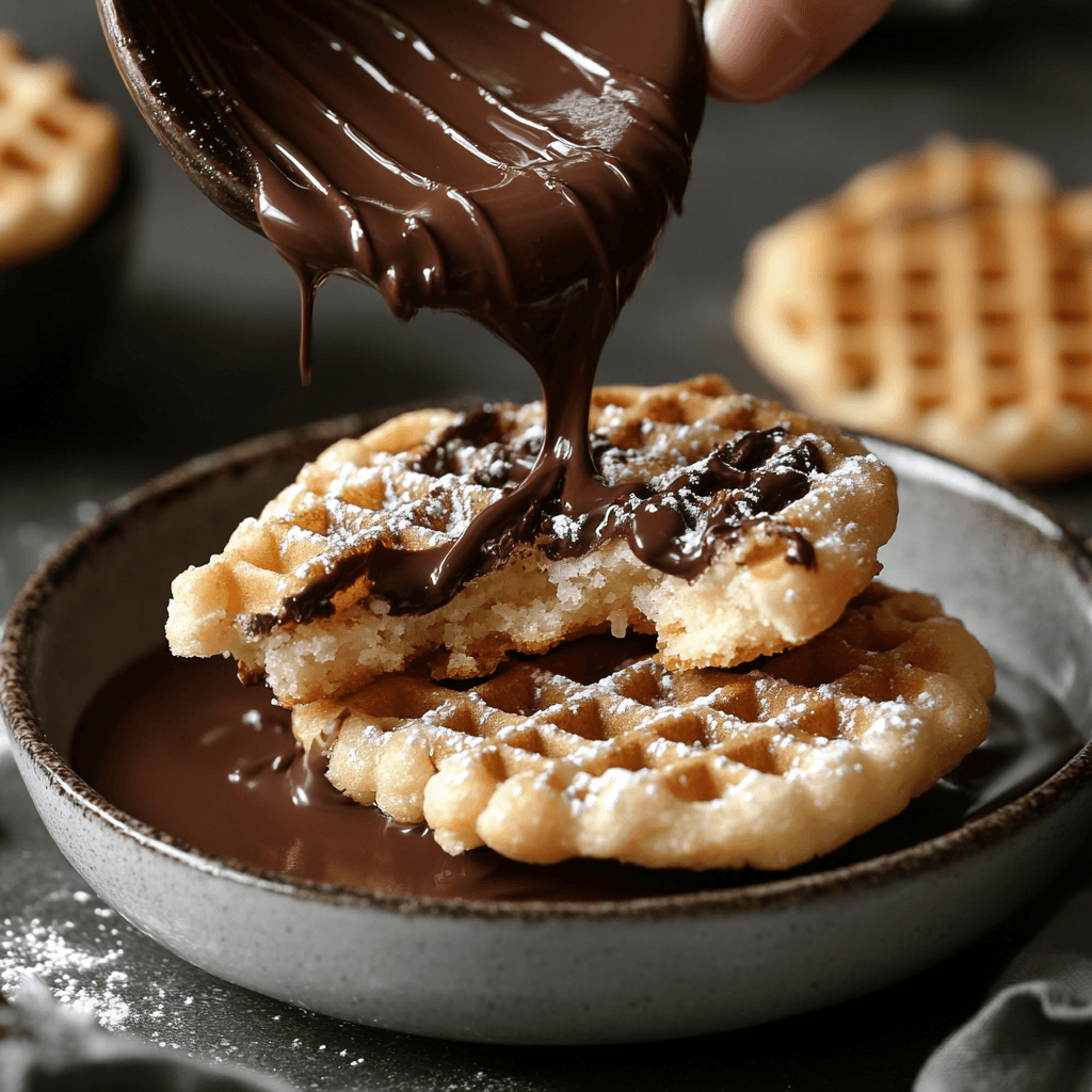 Crispy Waffle Cookies with powdered sugar and chocolate sauce.