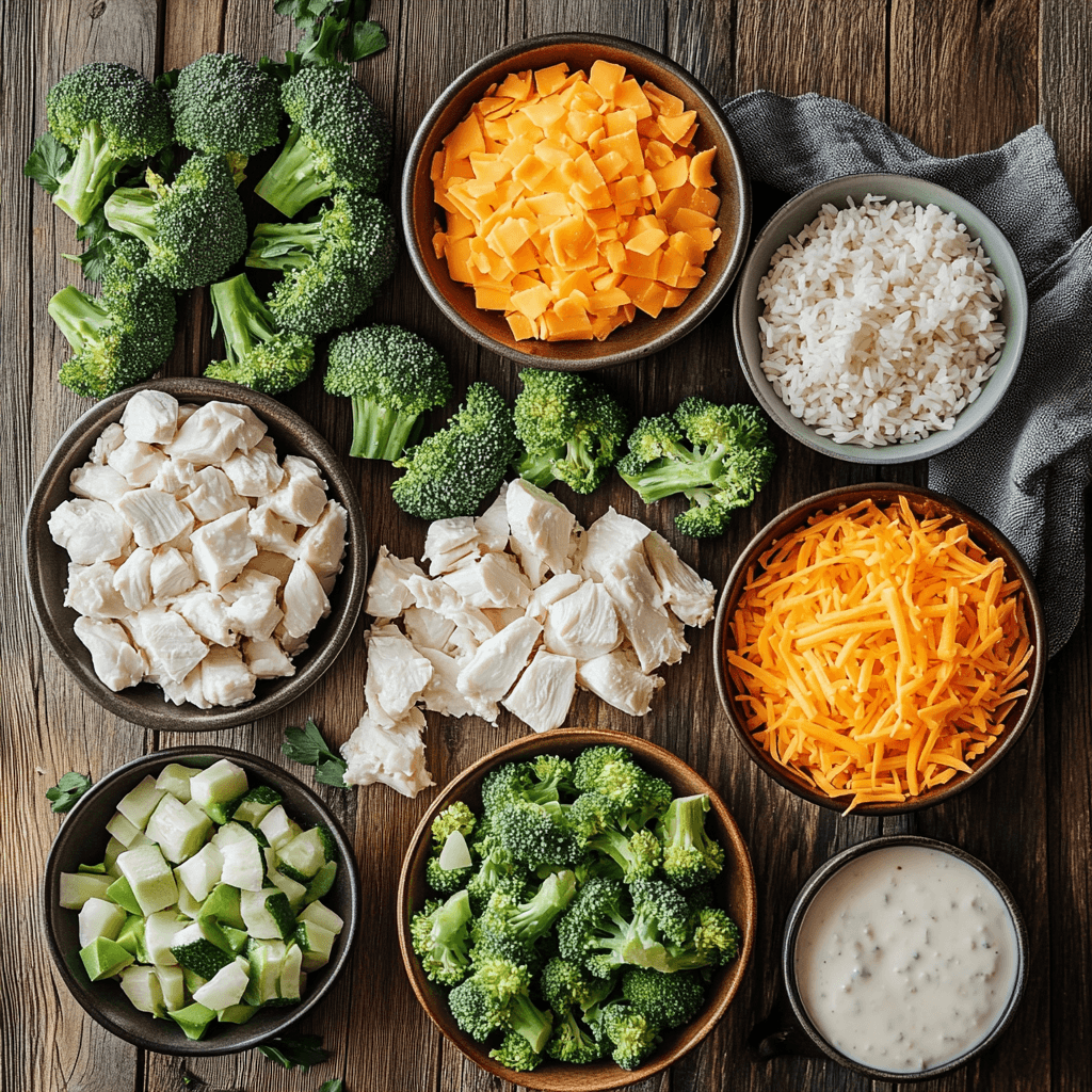 Ingredients for Chicken Broccoli Rice Casserole on a wooden board.