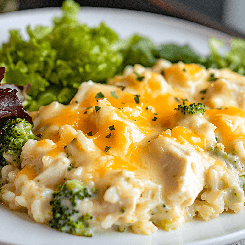 A creamy serving of Chicken Broccoli Rice Casserole with melted cheese.