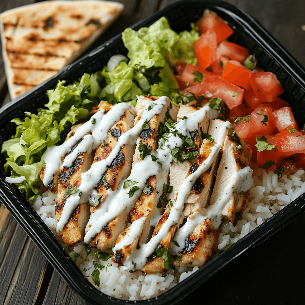 A takeout-style Chicken Over Rice with white sauce.