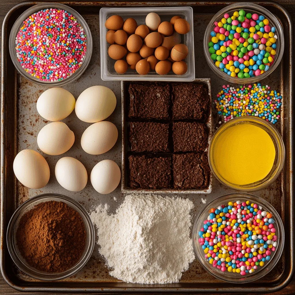 Homemade Cosmic Brownies with chocolate glaze and colorful sprinkles