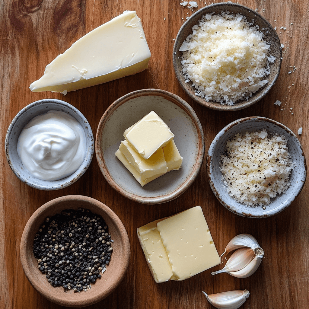 Ingredients for creamy Garlic Parmesan Sauce on a wooden board.