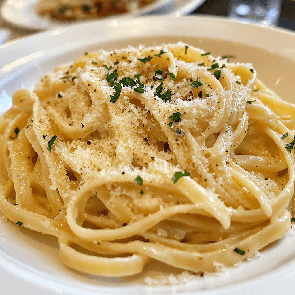 Creamy Garlic Parmesan Sauce poured over pasta.