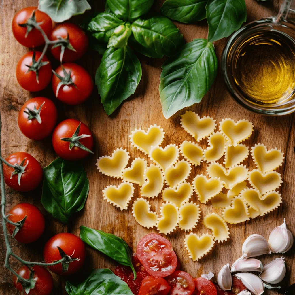 Ingredients for homemade heart-shaped pasta.