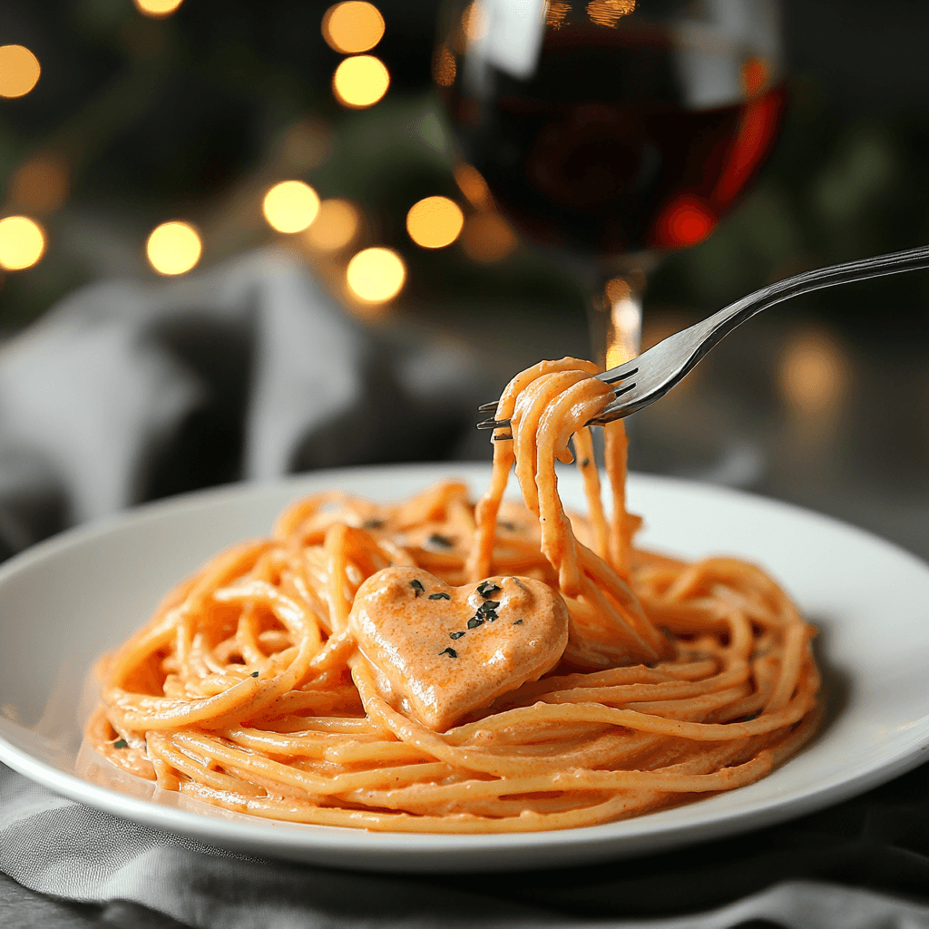 A fork twirling heart-shaped pasta in a creamy sauce.