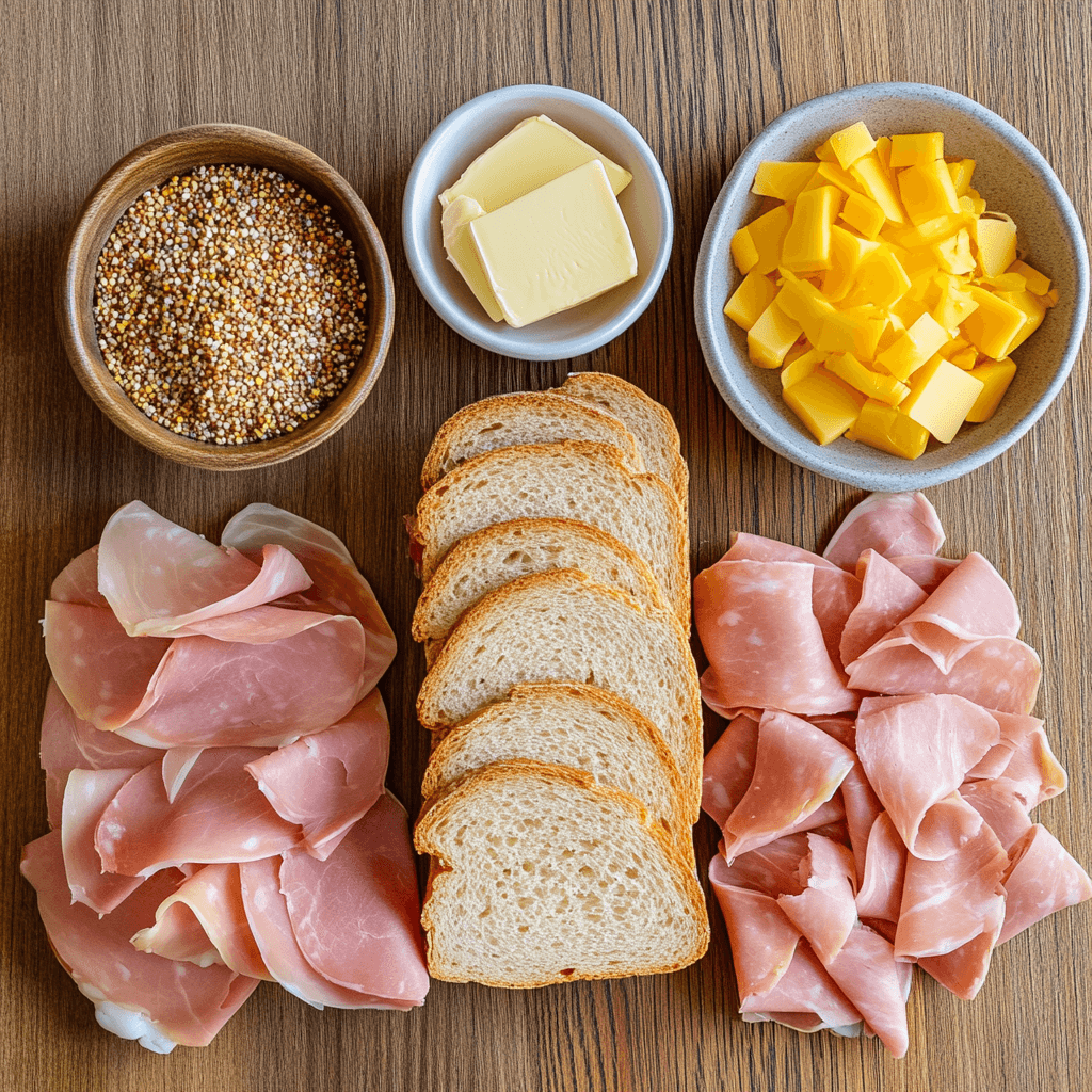 A hearty Knob Sandwich with ham, cheddar cheese, and mustard.