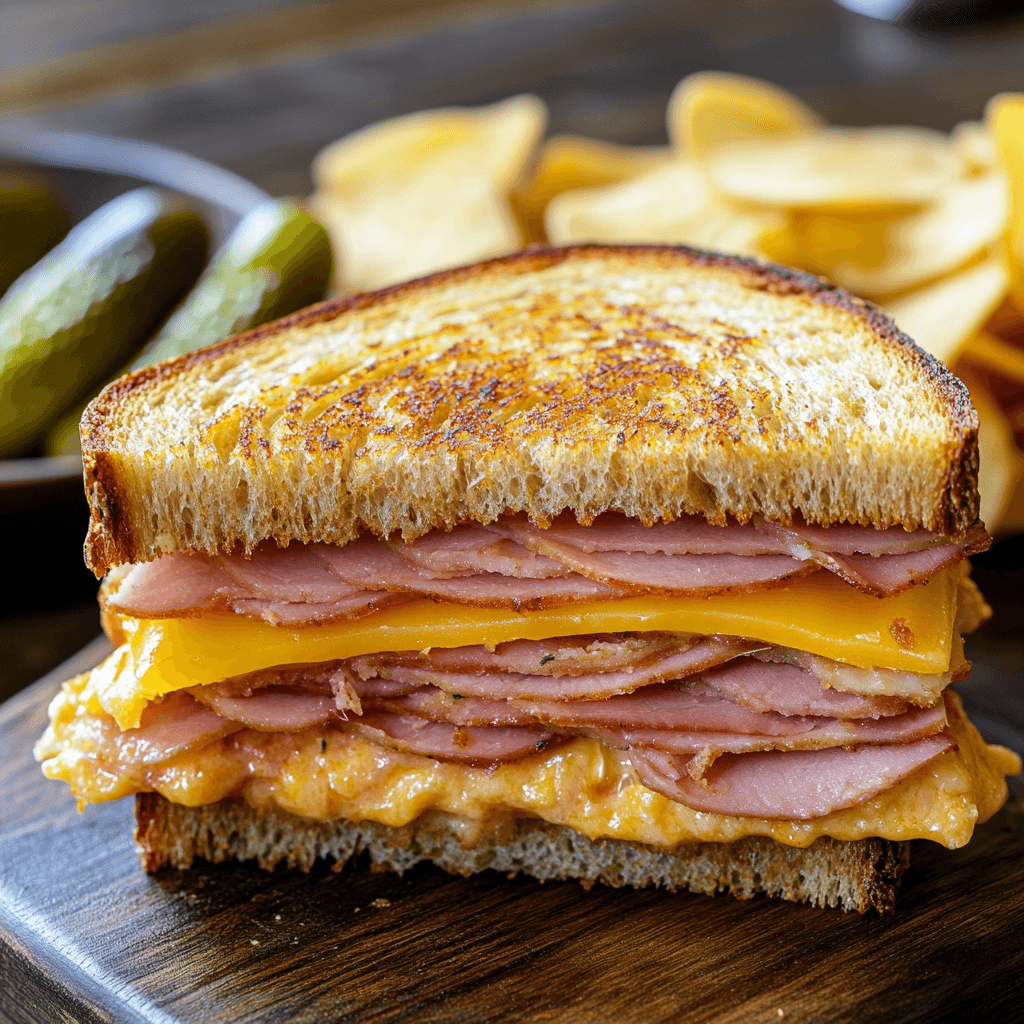 A hearty Knob Sandwich with ham, cheddar cheese, and mustard.