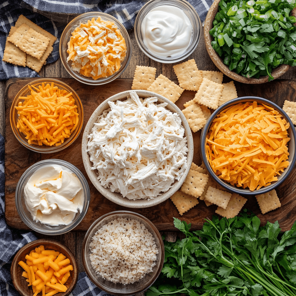 Ingredients for Million Dollar Chicken Casserole on a wooden board.