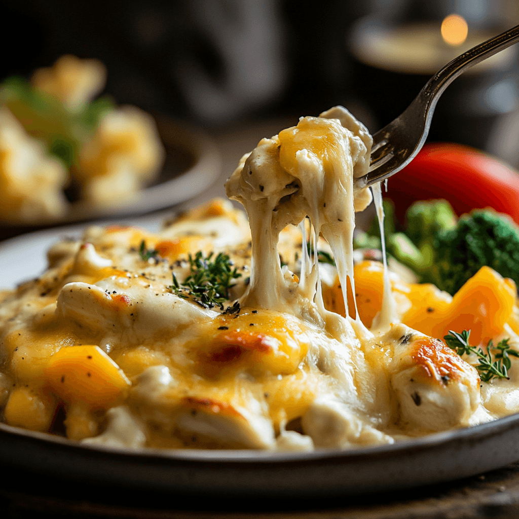 A creamy serving of Million Dollar Chicken Casserole on a white plate.