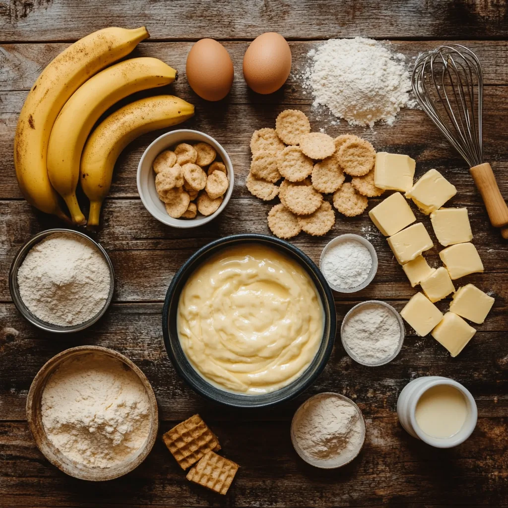 Flat lay of banana pudding brownie ingredients including bananas, pudding, and vanilla wafers