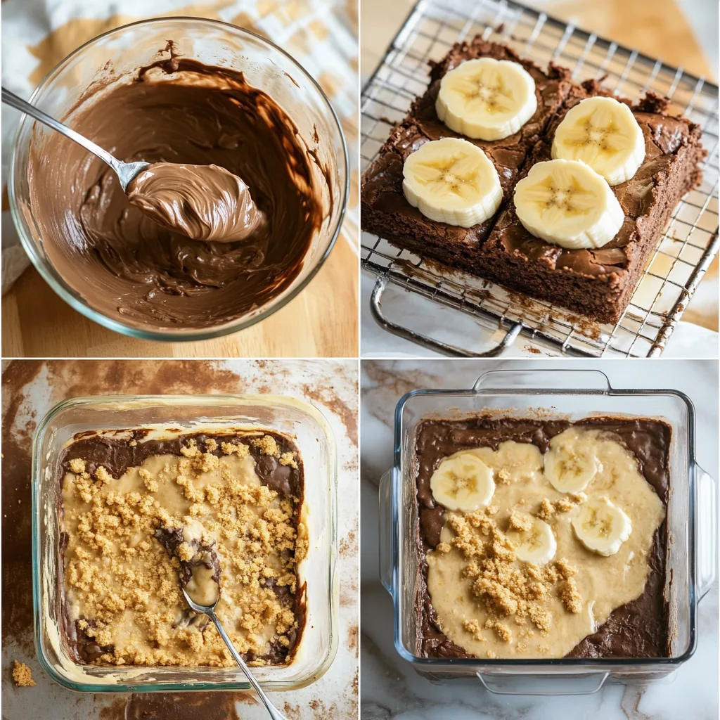 Step-by-step process of making banana pudding brownies, from batter to baking