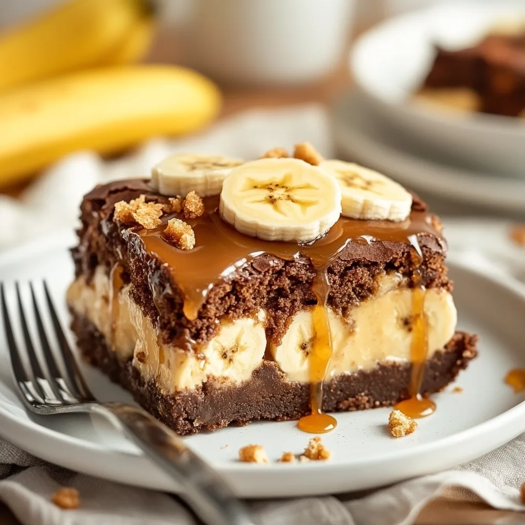 A serving of banana pudding brownies with banana slices and caramel drizzle
