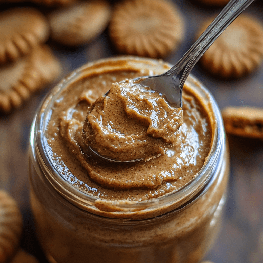 Homemade Biscoff cookie butter in a jar with a spoon dipped in