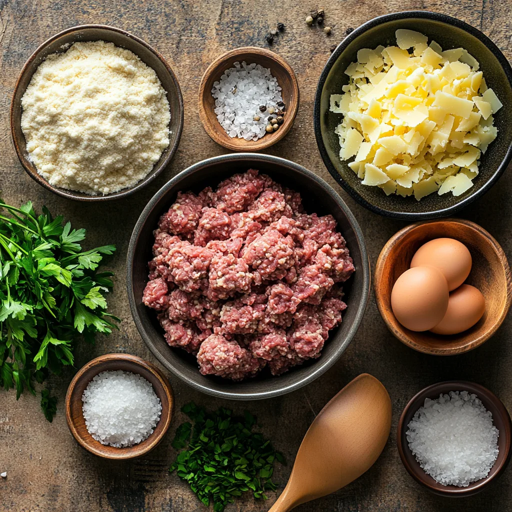 Raw ingredients for gluten-free meatballs, including ground beef, almond flour, and spices
