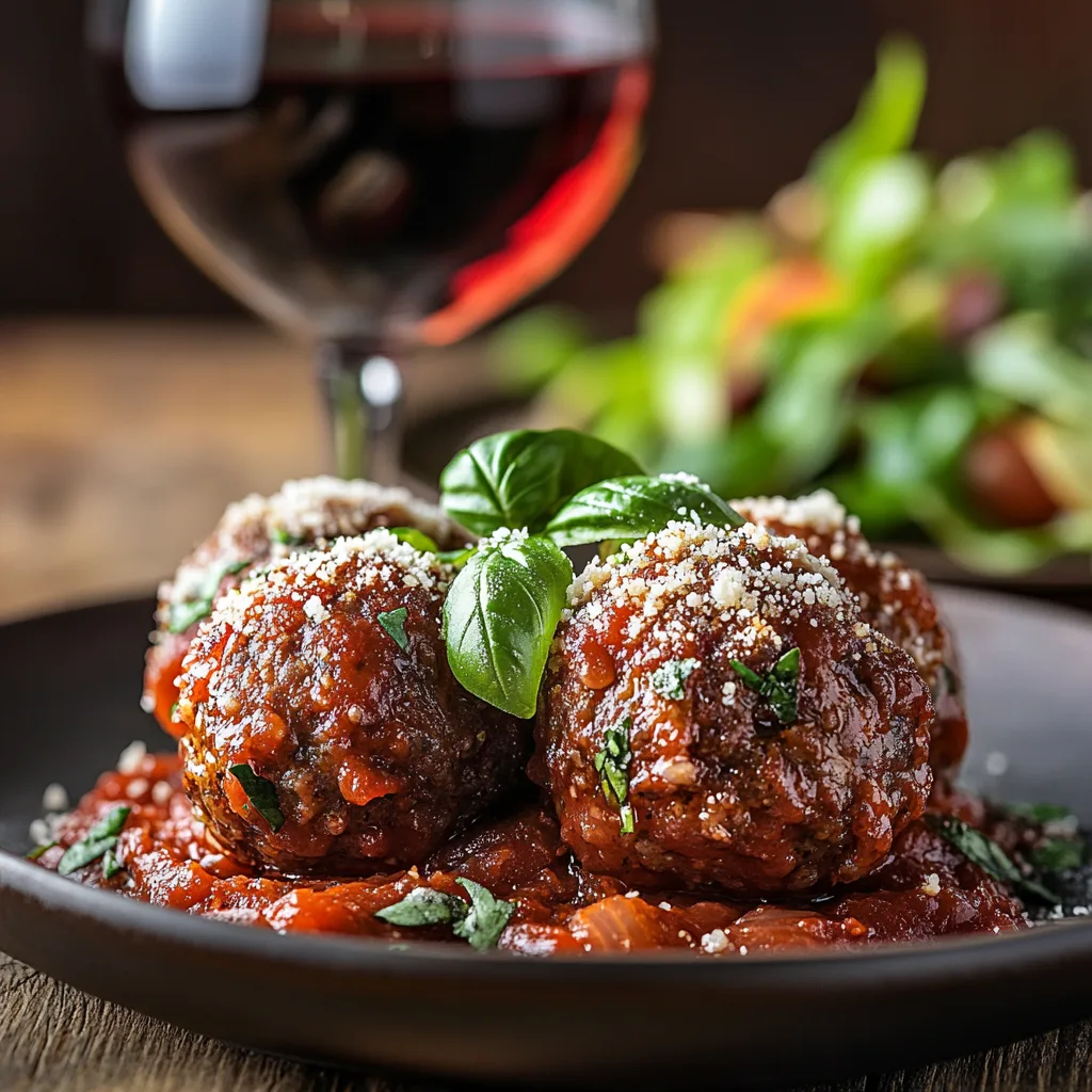 Gluten-free meatballs served with marinara sauce, parmesan, and basil garnish.