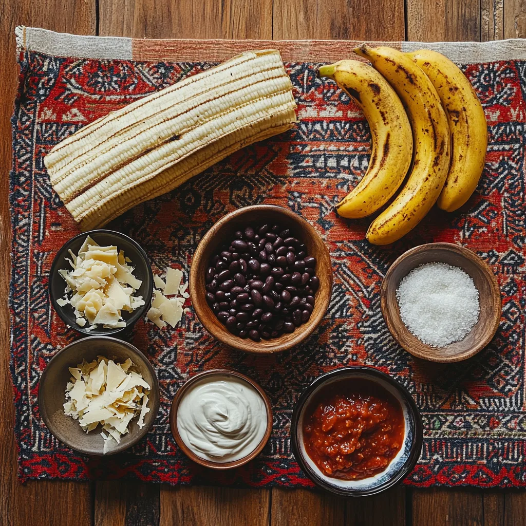 Ingredients for Oaxacan Plantain Sandwich, including plantains, Oaxaca cheese, black beans, and salsa roja.