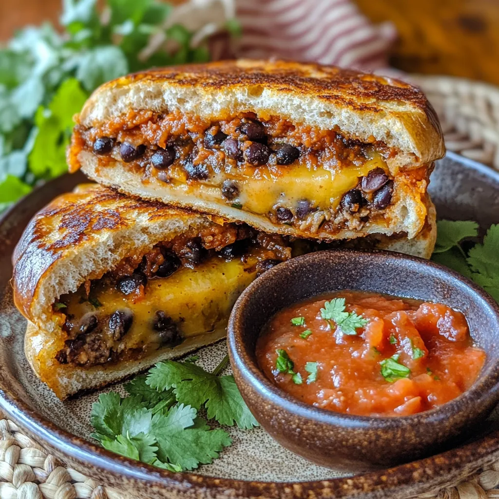 Oaxacan Plantain Sandwich served with Mexican crema and salsa roja on a ceramic plate.