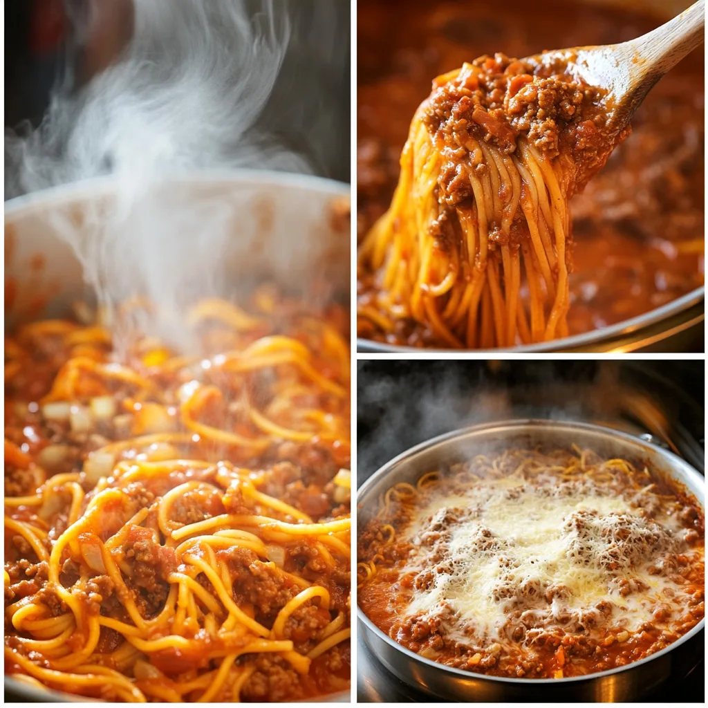 Step-by-step process of making spaghetti casserole, from boiling pasta to baking the dish